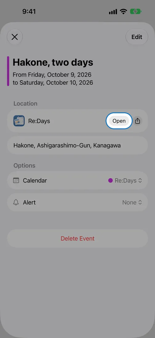 Event screen in the Calendar app with a Re:Days Open button under the title and date
