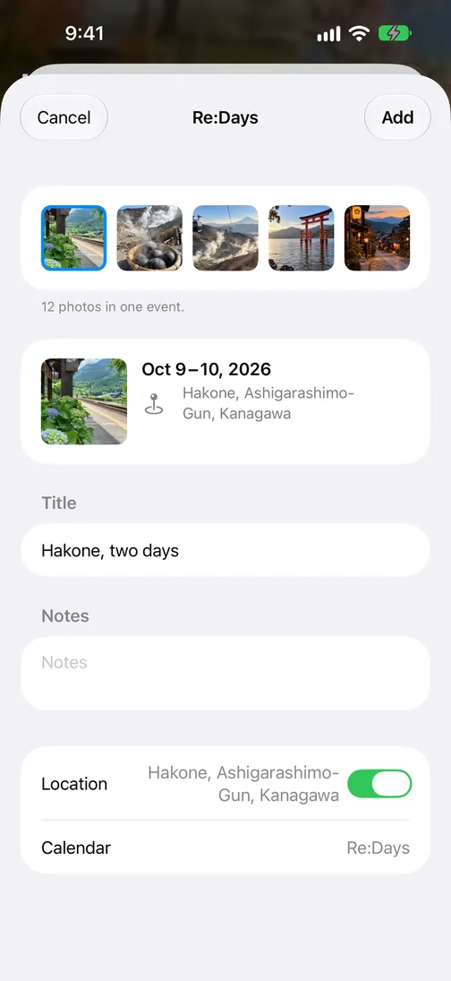 The Re:Days entry screen: the photos, Oct 9–10, Hakone, and the title “Hakone, two days”