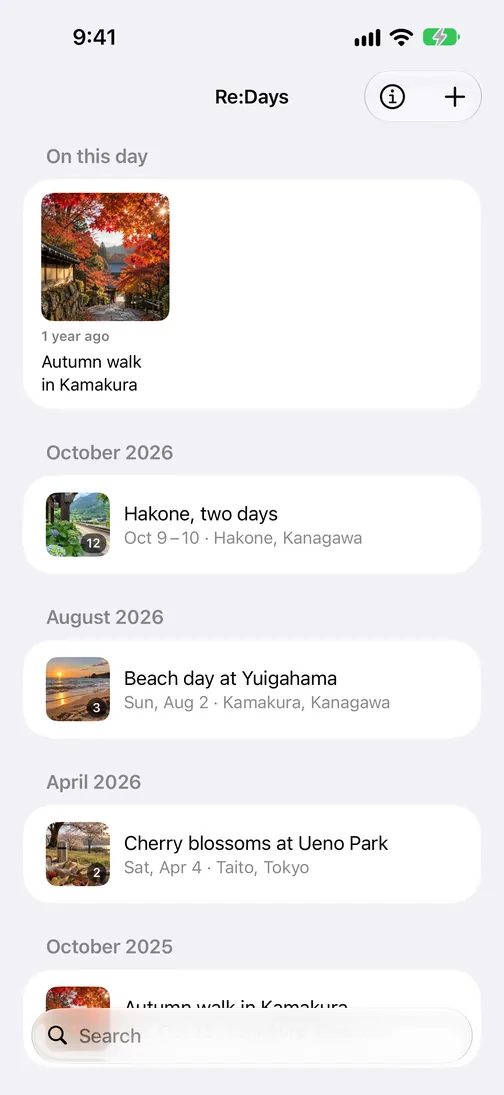 The Re:Days home screen with “Hakone, two days” at the top